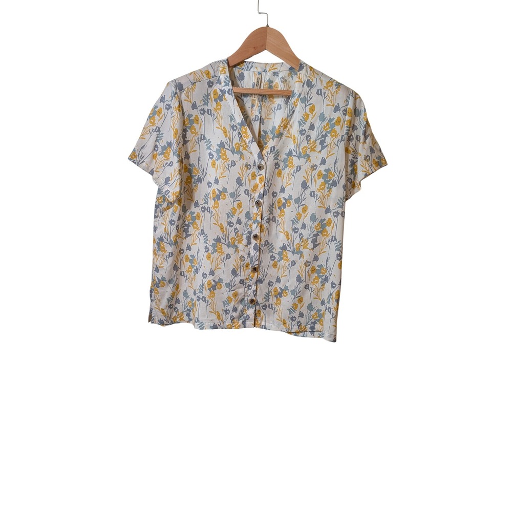 Kuhl Womens Floral Button Down Shirt Short Sleeve V-Neck White Yellow Blue Large
